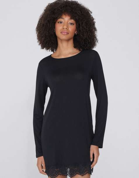 Tezenis Long sleeve viscose and lace nightgown in black - view 1