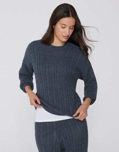 Tezenis Long sleeved cable knit jumper in navy blue melange - view 1