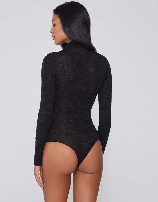Tezenis Long-sleeved lamé body in black and silver, 2 of 5