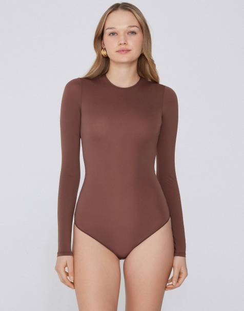 Tezenis Long-sleeved lightweight microfibre body in caramel dark beige - view 1