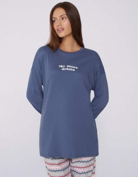 Tezenis Long-sleeved oversized cotton top in galactic blue no more drama - view 1