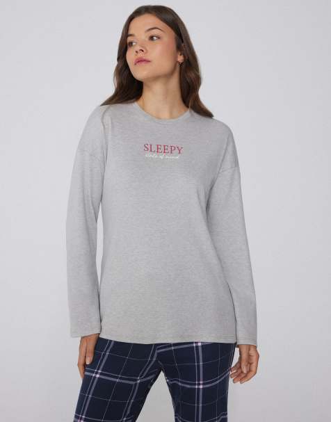 Tezenis Long-sleeved oversized cotton top in mottled light grey - view 1
