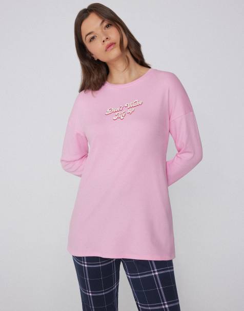 Tezenis Long-sleeved oversized cotton top in pink - view 1