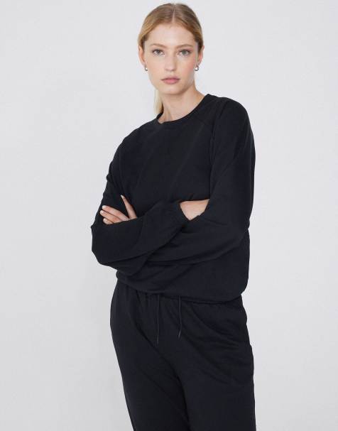 Tezenis Long-sleeved rounded neck top with cuffs in black - view 1