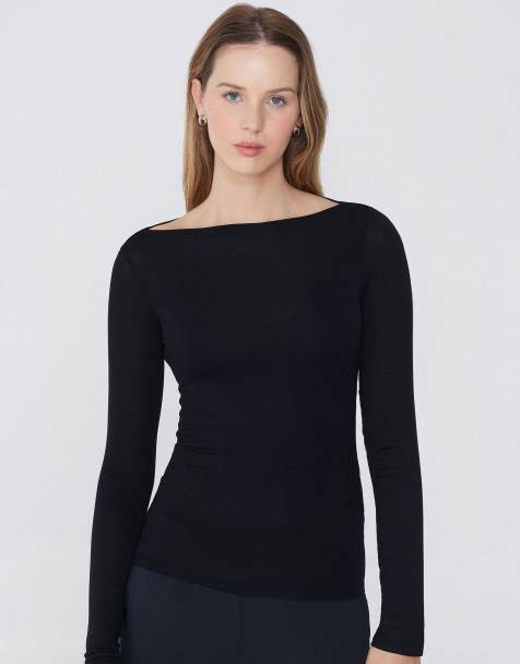 Tezenis Long-sleeved viscose top with boat neck in black - view 1