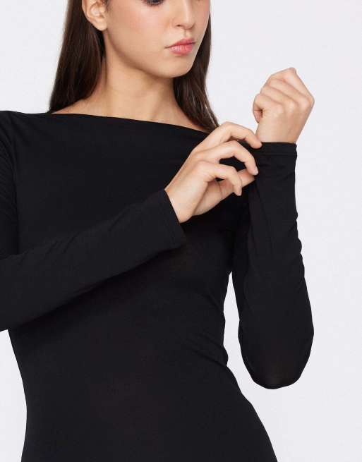Tezenis Long-sleeved viscose top with boat neck in black, 3 of 5