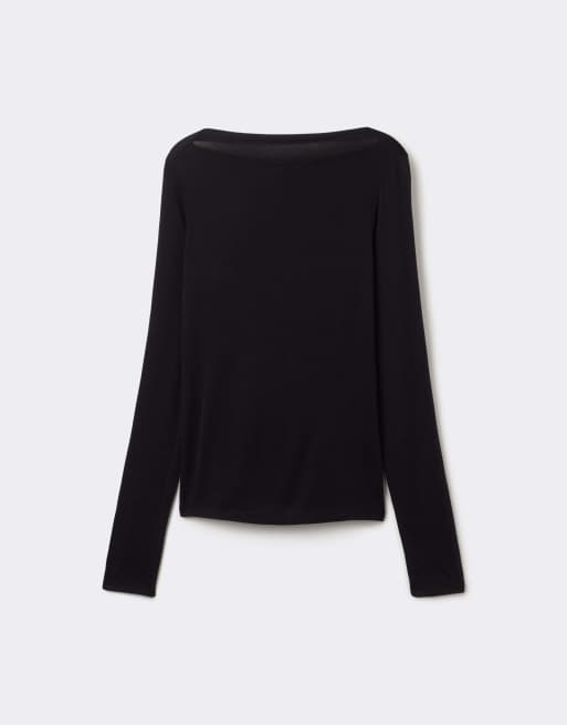 Tezenis Long-sleeved viscose top with boat neck in black, 5 of 5