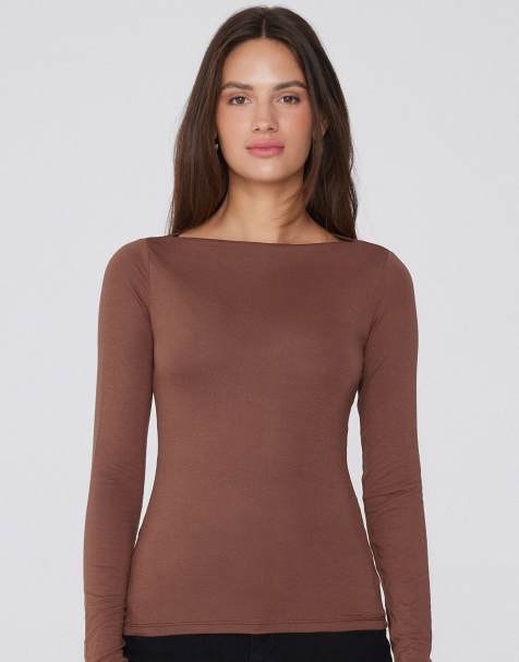 Tezenis Long-sleeved viscose top with boat neck in caramel dark beige