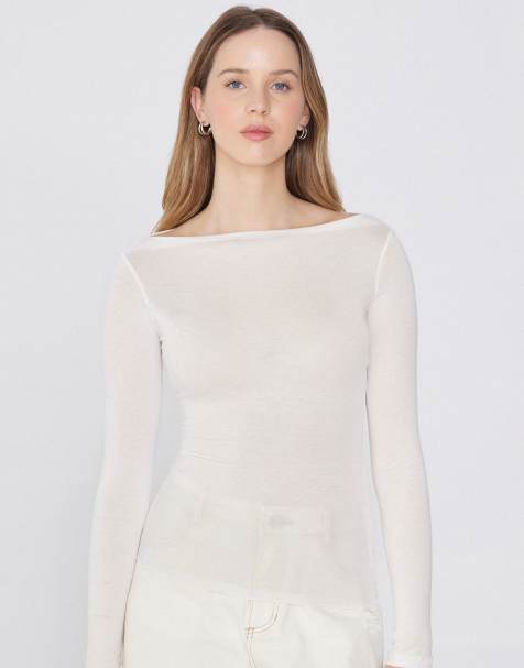 Tezenis Long-sleeved viscose top with boat neck in white pearl - view 1
