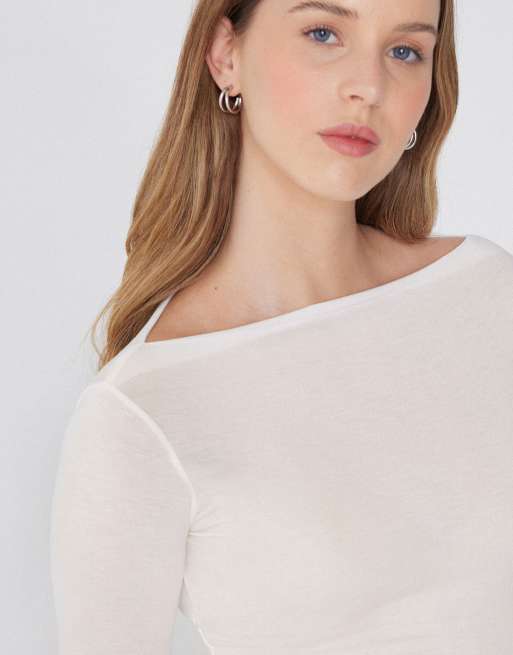 Tezenis Long-sleeved viscose top with boat neck in white pearl, 3 of 5