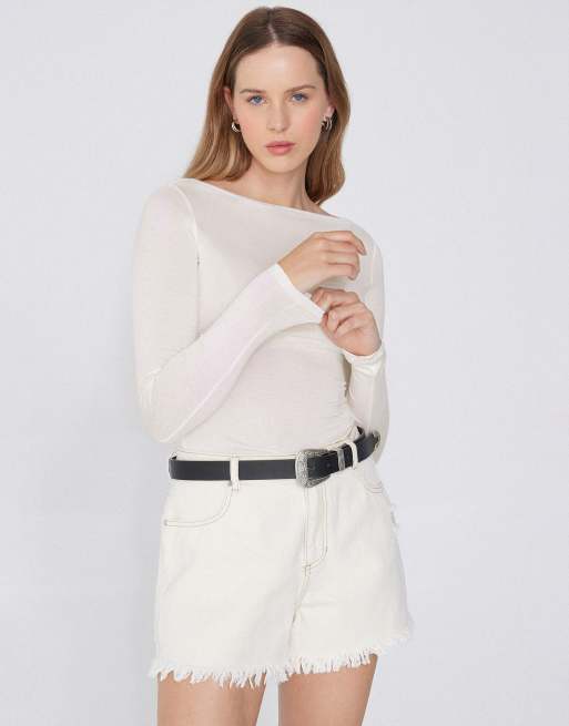 Tezenis Long-sleeved viscose top with boat neck in white pearl, 4 of 5