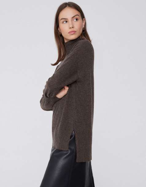 Tezenis Long thick polo neck top with wool in brown melange