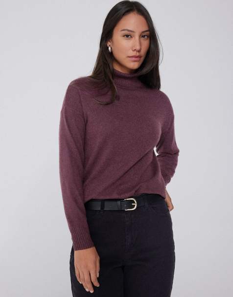 Tezenis Long thick polo neck top with wool in dark plum - view 1