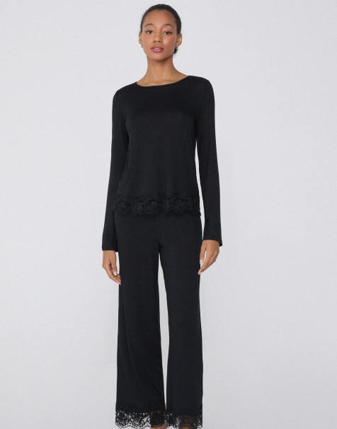 Tezenis Long viscose pyjamas with lace in black - view 1