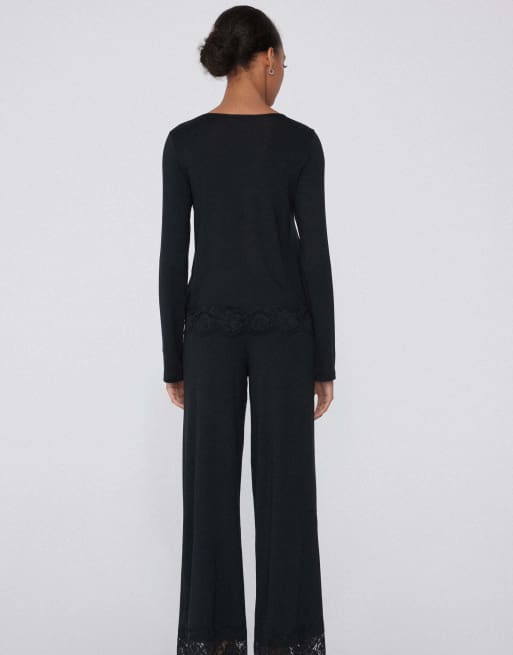 Tezenis Long viscose pyjamas with lace in black, 2 of 5