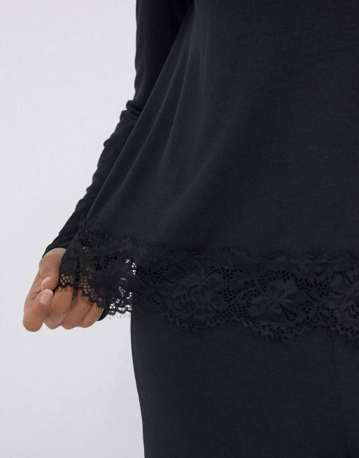 Tezenis Long viscose pyjamas with lace in black, 3 of 5