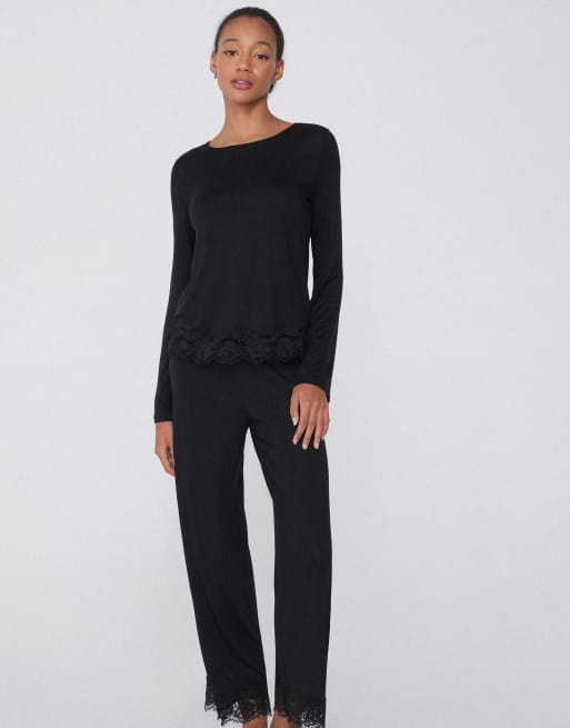 Tezenis Long viscose pyjamas with lace in black, 4 of 5