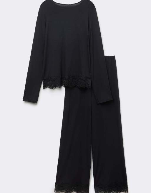Tezenis Long viscose pyjamas with lace in black, 5 of 5