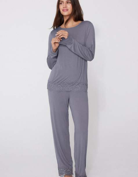 Tezenis Long viscose pyjamas with lace in dark cloud - view 1
