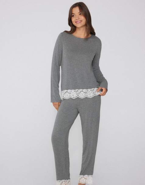 Tezenis Long viscose pyjamas with lace in medium grey melange and milk - view 1