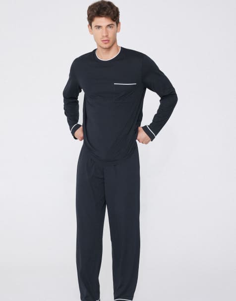 Tezenis Men’s long piping cotton pyjamas in dark blue - view 1
