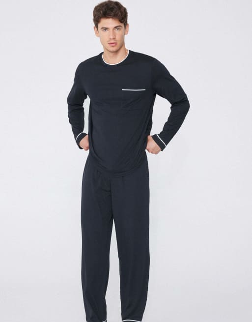Tezenis Men’s long piping cotton pyjamas in dark blue, 4 of 5