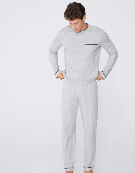 Tezenis Men’s long piping cotton pyjamas in mottled light grey - view 1