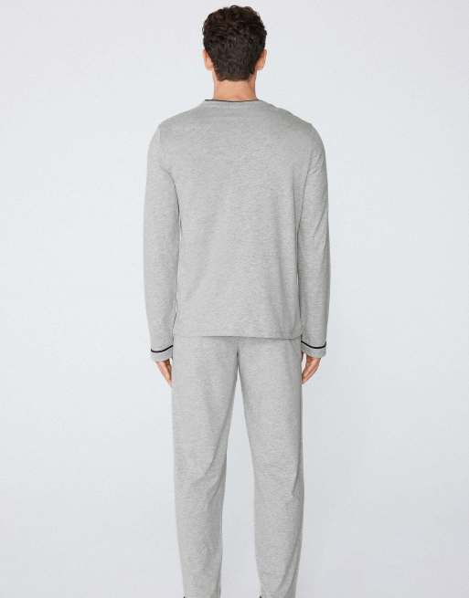 Tezenis Men’s long piping cotton pyjamas in mottled light grey, 2 of 5