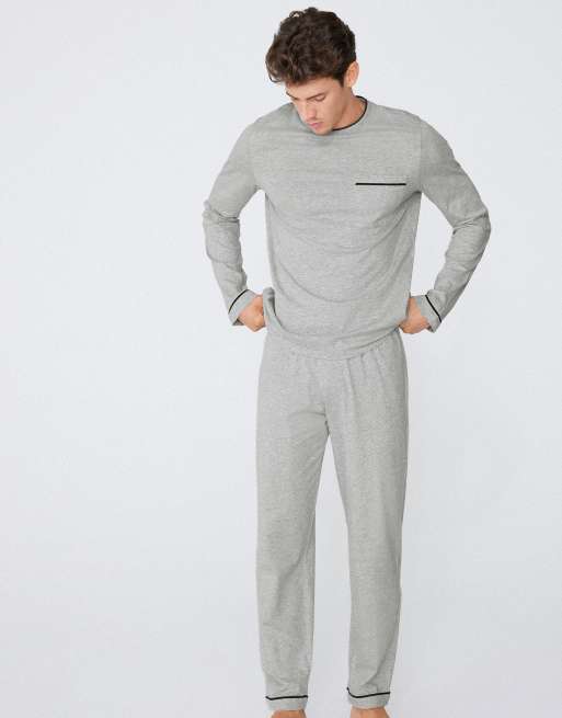 Tezenis Men’s long piping cotton pyjamas in mottled light grey, 4 of 5