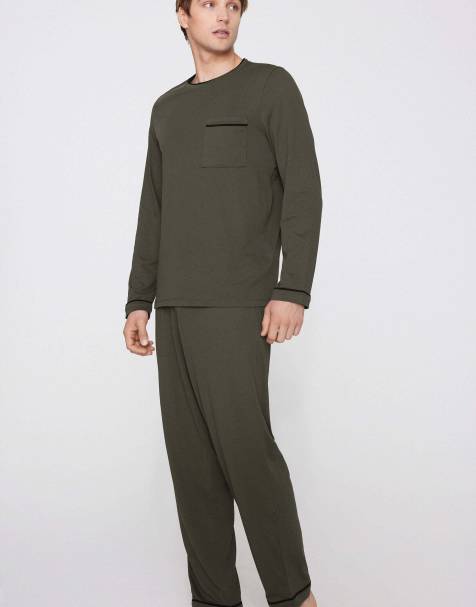 Tezenis Men’s long piping cotton pyjamas in safari green and black - view 1