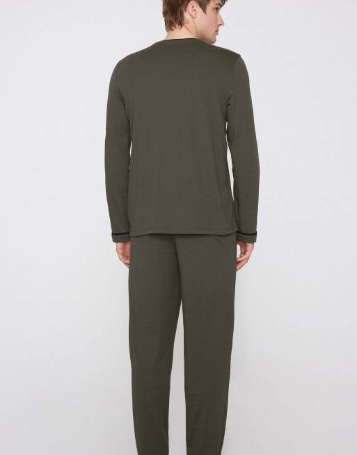 Tezenis Men’s long piping cotton pyjamas in safari green and black, 2 of 4