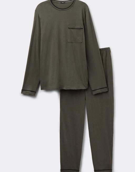Tezenis Men’s long piping cotton pyjamas in safari green and black, 3 of 4