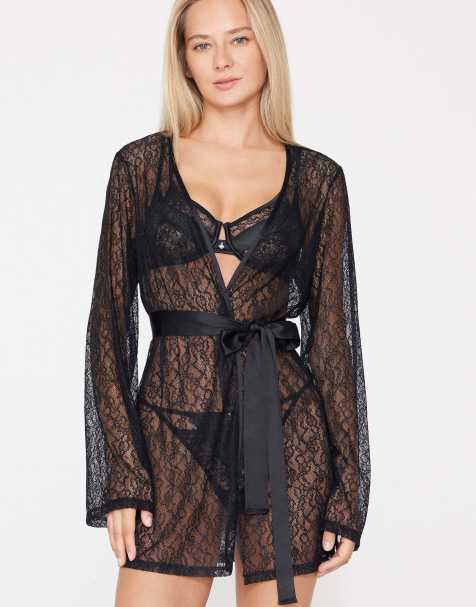 Tezenis Mistery essence lace dressing gown in black - view 1