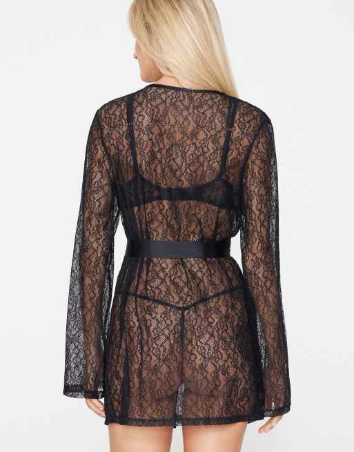 Tezenis Mistery essence lace dressing gown in black, 2 of 5