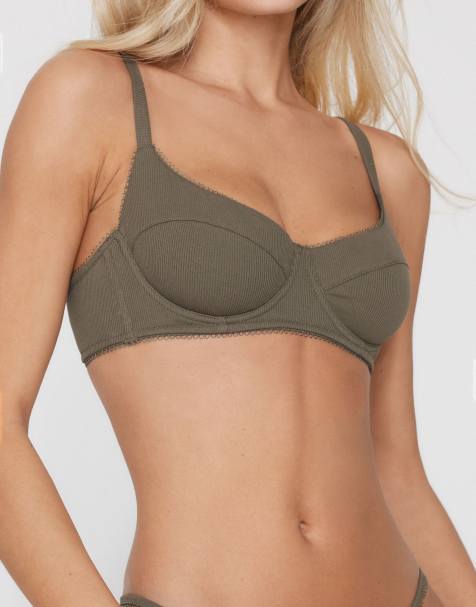 Tezenis Paris cotton cutie ribbed balconette bra in pastel military - view 1