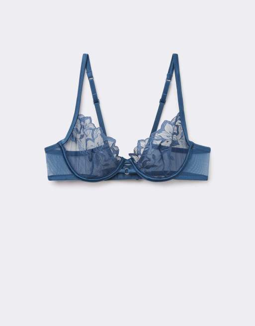 Tezenis Paris flower desire balconette bra in indigo blue, 5 of 5