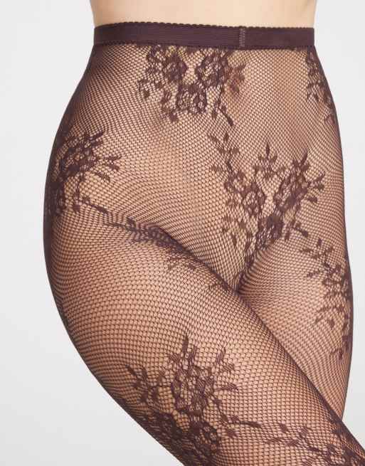 Tezenis Patterned mesh tights in bouquet choco wine, 2 of 2