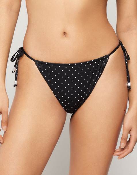 Tezenis polka dot brazillian tie-side bikini bottoms in black - view 1