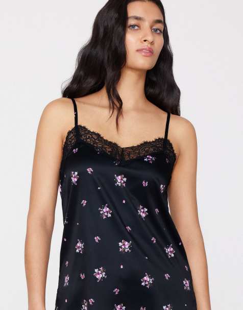 Tezenis Printed camisole in black with pink bouquets - view 1