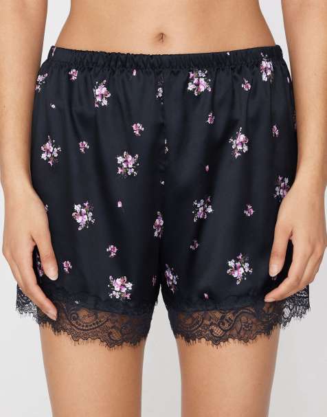 Tezenis Printed satin and lace shorts in black with pink bouquets - view 1