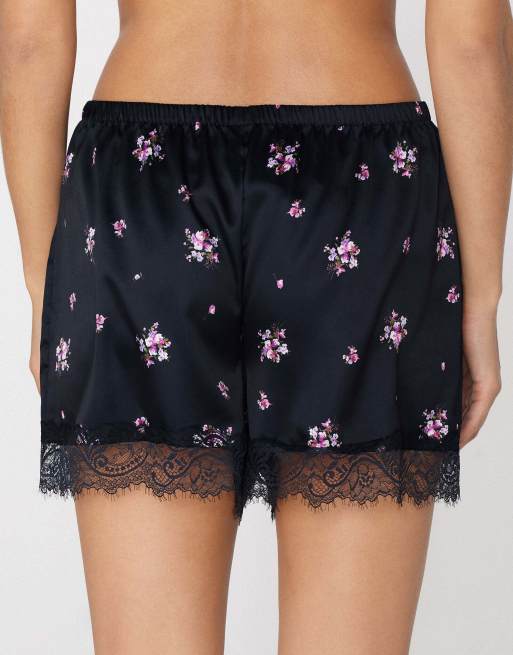 Tezenis Printed satin and lace shorts in black with pink bouquets