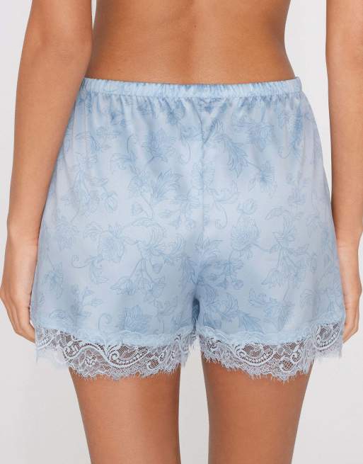 Tezenis Printed satin and lace shorts in light blue flowers, 2 of 5