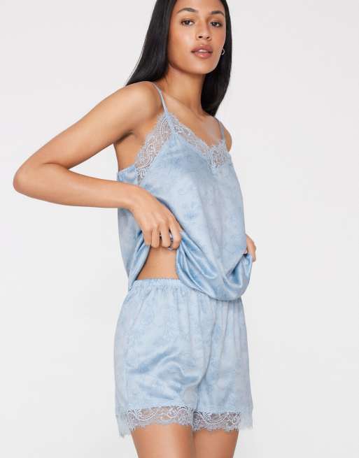 Tezenis Printed satin and lace shorts in light blue flowers, 4 of 5