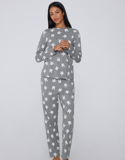 Tezenis Rabbit print long cotton pyjamas in melange rabbits print - view 1