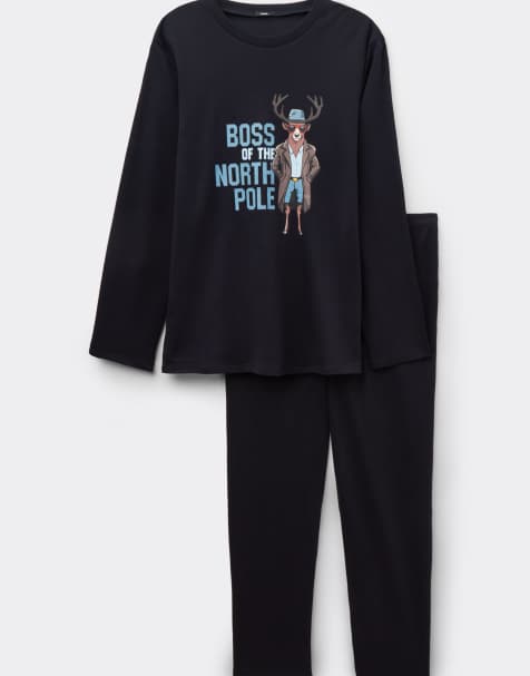 Tezenis Reindeer print long cotton pyjamas in deep blue reindeer print - view 1
