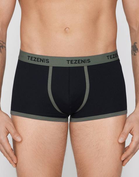 Tezenis Ribbed cotton boxers with logo elastic in black/military green - view 1