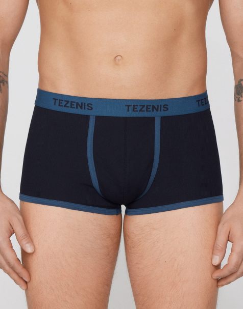 Tezenis Ribbed cotton boxers with logo elastic in deep blue denim - view 1