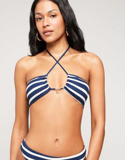Tezenis sailor stripe bikini halter top in white/blue stripes