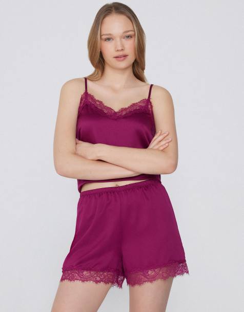 Tezenis Satin and lace shorts in burgundy - view 1