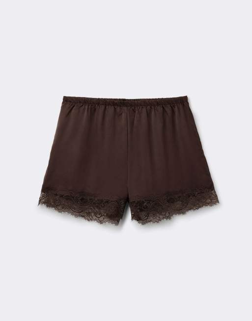 Tezenis Satin lace shorts in chocolate, 5 of 5